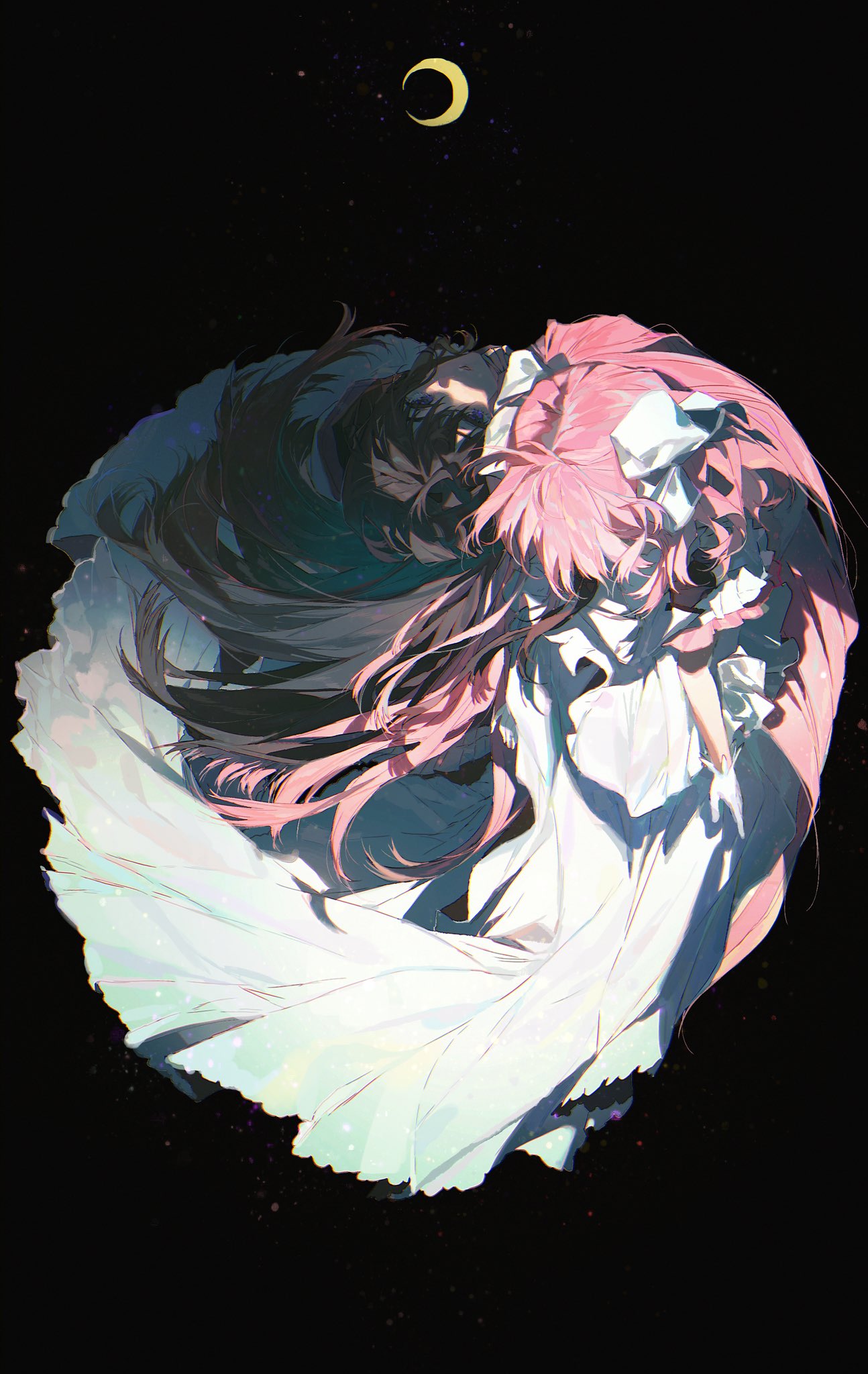 the image is an illustration of an anime girl with pink hair floating in the night sky. she is wearing a white dress and has a crescent moon in the background. the image is very dreamy and magical.