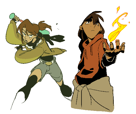 the image features two cartoon characters, one female, and one male, in a dynamic pose, as if they are in the middle of an action scene. the female character is on the left side of the image, and she's holding a baseball bat in her right hand and has a fierce expression. the male character is on the right side of the image. his right hand is outstretched with a small flame rising from it, and his expression is intense. the characters are in a simple white background. the female character's clothes are primarily brown and green, while the male character's clothes are red, brown, and black. the image has a clean and minimalist style, with bold colors and simple lines.
