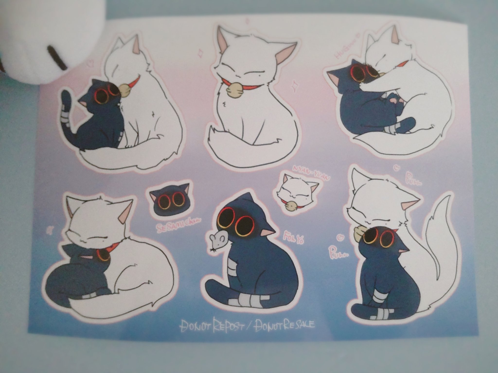 the image shows nine cartoon stickers of cats, with a white cat hugging a black cat.  the stickers are arranged in a grid pattern on a light blue background. the cats are drawn in a kawaii style, with big eyes and round faces. there are cute little details like a bell on the white cat's collar and a bandaged paw on the black cat's paw. the stickers are labeled with japanese characters and have the caption "do not repost / do not resale."
