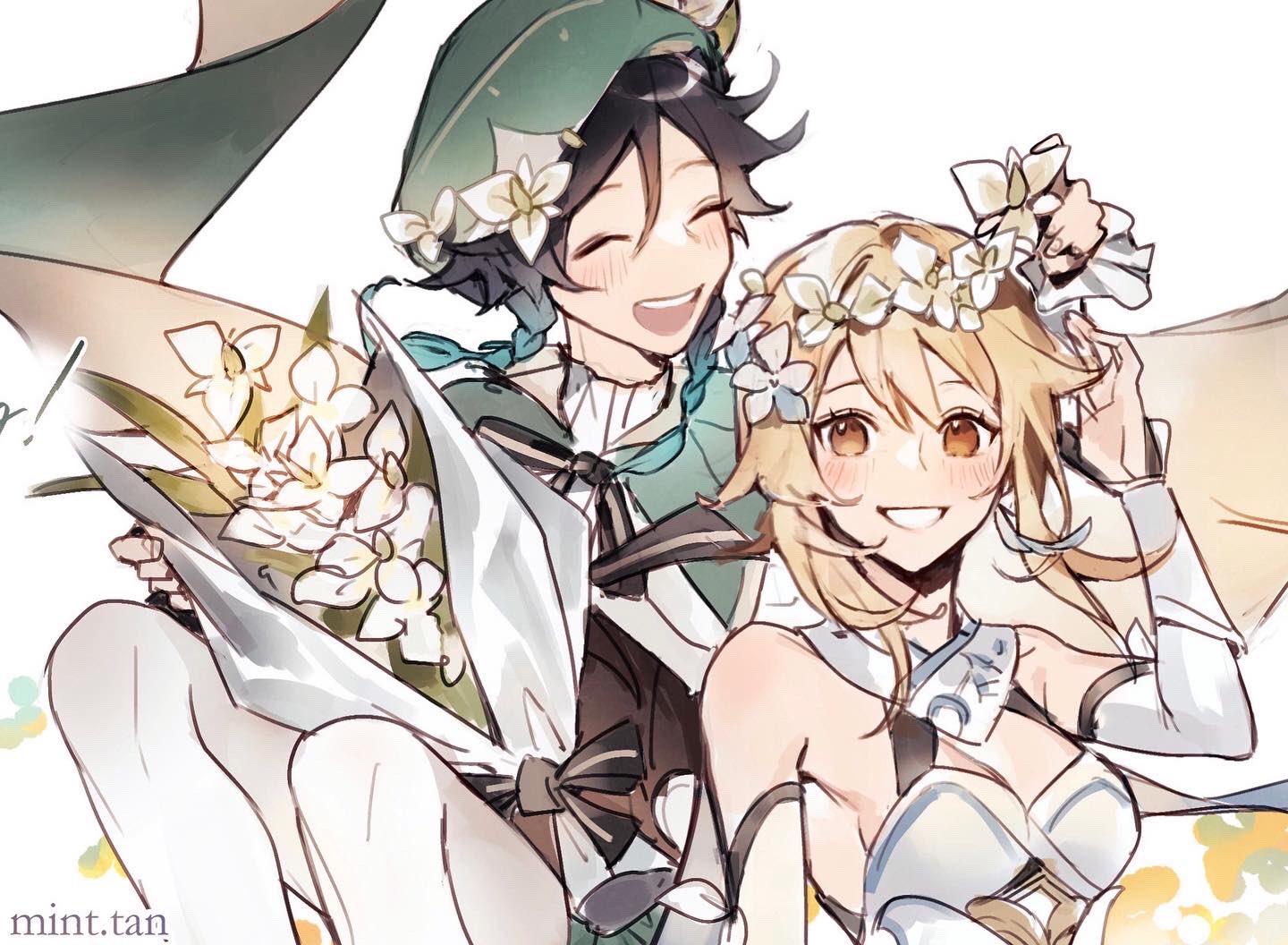 the image is an animestyle illustration of a couple. the girl is on the right side of the image and she has blonde hair and is wearing a white dress with a flower crown. she is smiling and holding a bouquet of flowers. the boy is on the left side of the image and he has black hair and is wearing a green hat and a white shirt. he is smiling and looking at the girl. the background is a white and blue sky. the image is very romantic and sweet.