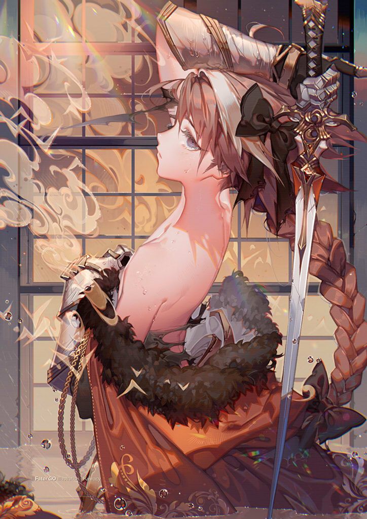 the image is a digital painting of an animestyle female character.  she appears to be a warrior or knight, with armor on one arm and a katana resting beside her. her long brown braid flows down her back.  she is partially nude, appearing to have just finished bathing.  the setting is a traditional japanesestyle room with a shoji screen window. the overall style is dreamy and slightly sensual. the warm colors and soft lighting create a peaceful and contemplative atmosphere. the character's expression is serene and thoughtful. the artwork is highly detailed and shows a masterful command of color and light.