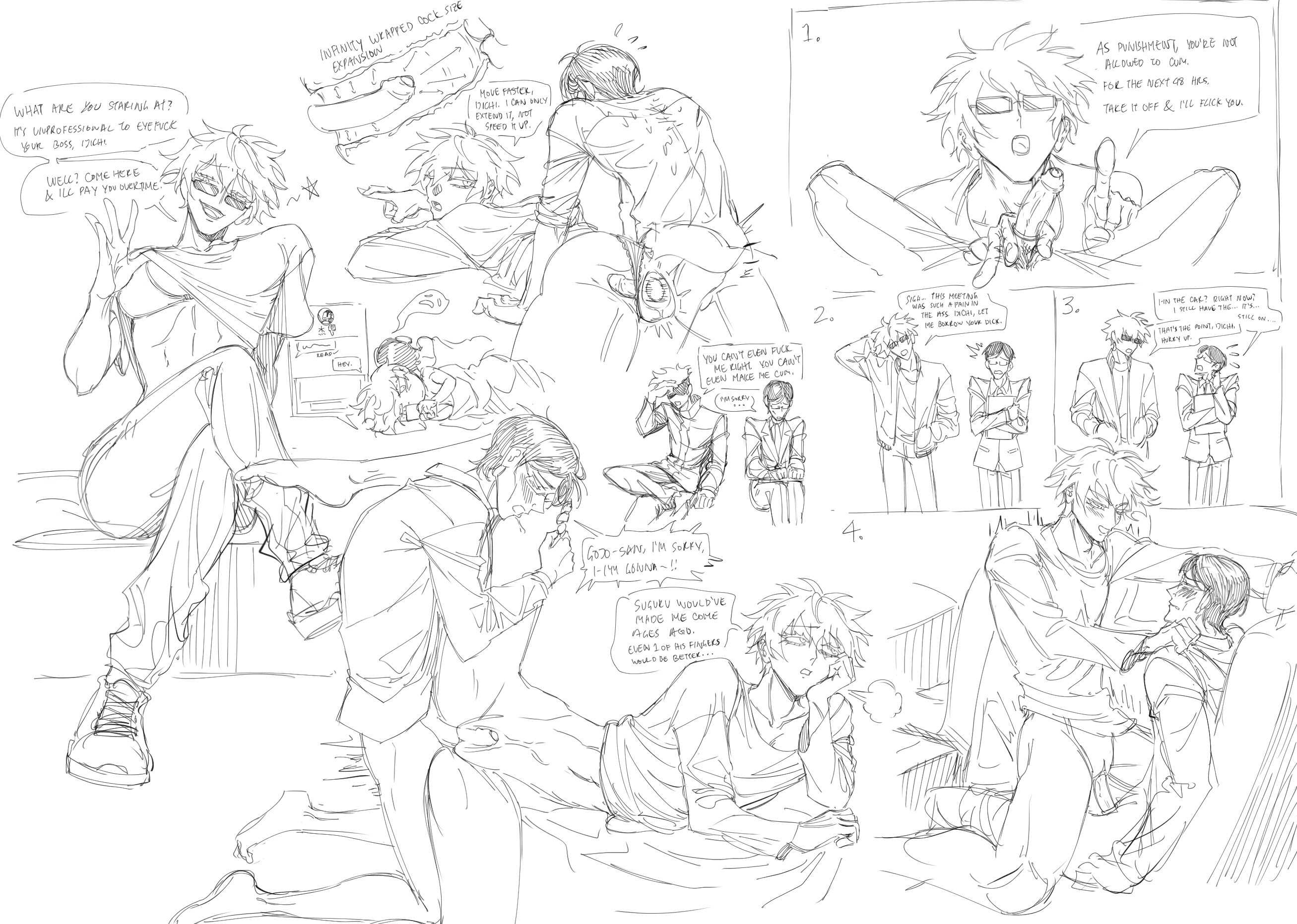 he image is a collection of mangastyle sketches and drawings depicting various scenes involving primarily male characters. many of the drawings contain suggestive and explicit content, including partially clothed figures in intimate poses and explicit dialogue related to sexual acts. the art style is rough and sketchy, with varying levels of detail. some panels show dialogue bubbles with text, adding narrative context to the images. the characters' expressions range from playful to serious and even distressed. the overall tone is suggestive and focuses on intimate and sexual themes. one panel strongly implies a gojo satoru and suguru getou fan art.
