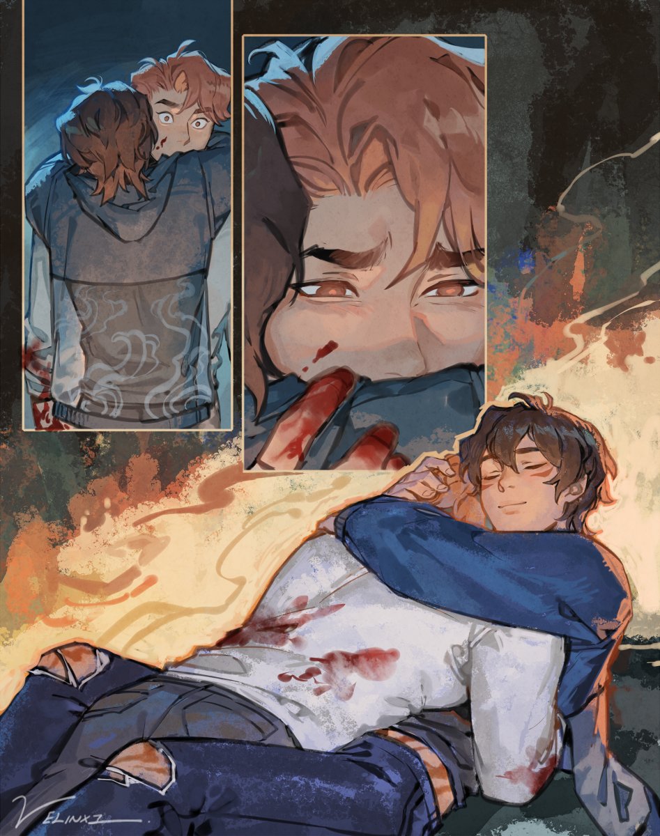 the image shows an illustration of two characters in a scene with two panels. the top panels depict two males hugging. the one hugging is looking at something with a worried face. the panel next to it shows a face of the man with orange hair. the bottom panel shows the man hugging the guy on a white tshirt who is closing his eyes. the man has ripped jeans and a blue jacket. there's blood stains on their clothes, indicating they are injured. the illustration seems to capture a moment of affection and protection amidst a dangerous situation.
