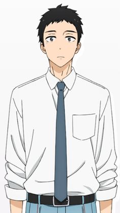 a young man with short black hair and brown eyes is depicted in an anime style illustration. he wears a white buttonup shirt with a blue tie and blue pants. he appears to be a student, likely in high school. the background is a plain white canvas, drawing focus to the character.