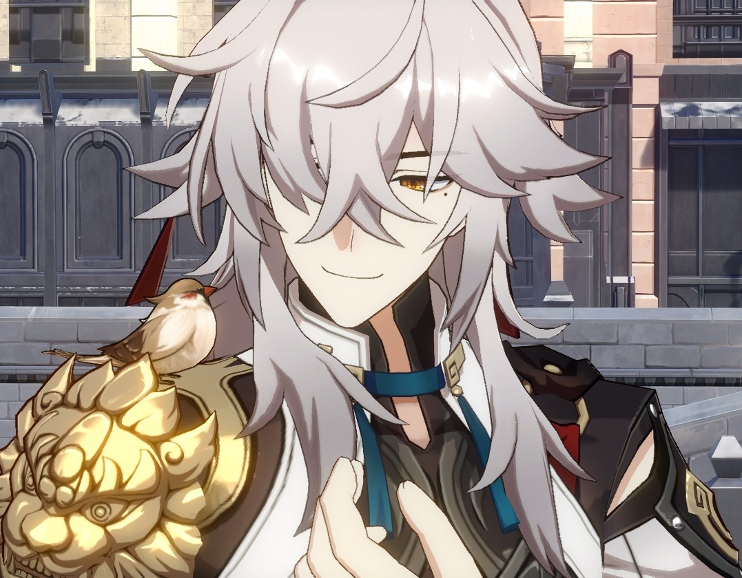 this is a digital image of a character from the video game genshin impact. he has white hair, blue eyes, and is wearing a white and gold outfit with armor on his shoulder. he is smiling and has a bird perched on his shoulder. the background of the image is a city with buildings and a stone wall.