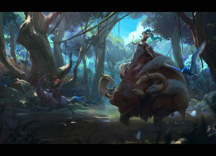 the image depicts a fantasy scene in a lush jungle or forest setting. a girl with blue hair is riding on the back of a large, wild boarlike creature. she is posed as an archer, with a bow drawn and aimed. a blue bird flies near them. in the background, there is another creature with a rider. the scene is full of trees and water, creating a vivid and enchanting atmosphere.