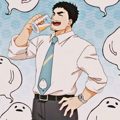 an animestyle illustration of a man with short dark hair and a goatee. he is wearing a white dress shirt with the sleeves rolled up and a teal tie with a white motif near the bottom. he is holding a clear glass to his lips and drinking from it, his expression one of enjoyment. the background is a pale blue with stylized white speech bubbles, some containing simple ghostlike shapes. the overall style is lighthearted and comedic.
