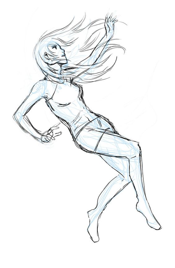 a pencil sketch of a woman with long hair. she is floating in the air with her arms outstretched and her legs bent. she is wearing a shortsleeved shirt and shorts.