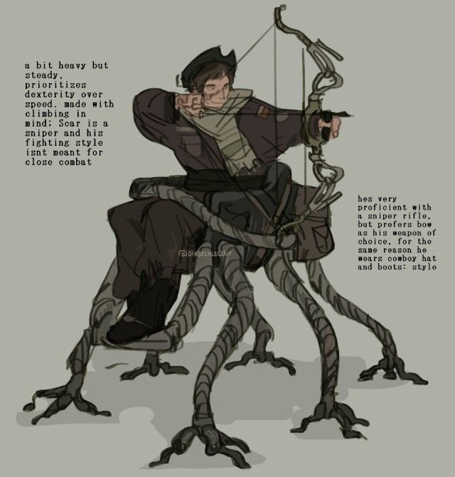 a man sits on a chair with a bow and arrow drawn. he is wearing a cowboy hat and boots. the chair is made of a strange material with long, slender legs.