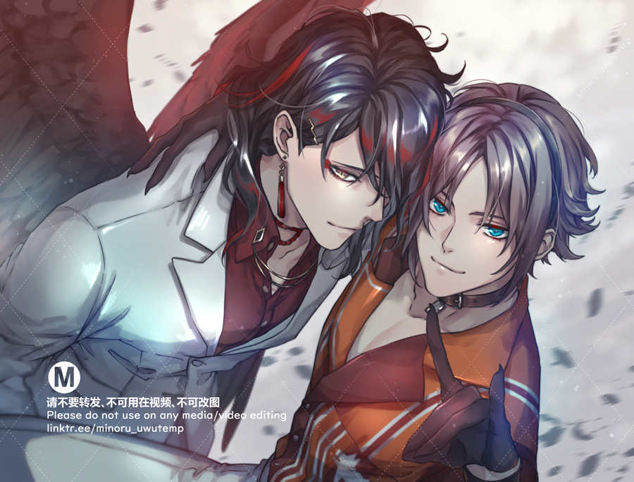 the image is a closeup shot of two anime boys hugging each other. the boy on the left has dark hair with a red streak and is wearing a white shirt. the boy on the right has white hair and is wearing a red shirt. both of them are smiling and look very happy together. there is a black bird like angel wing behind them. the picture is styled in a very romantic way and the boys look deeply in love.  there is a watermark in the bottom left corner that states: "please do not use on any media/video editing linktr.ee/minoru_uwutemp".