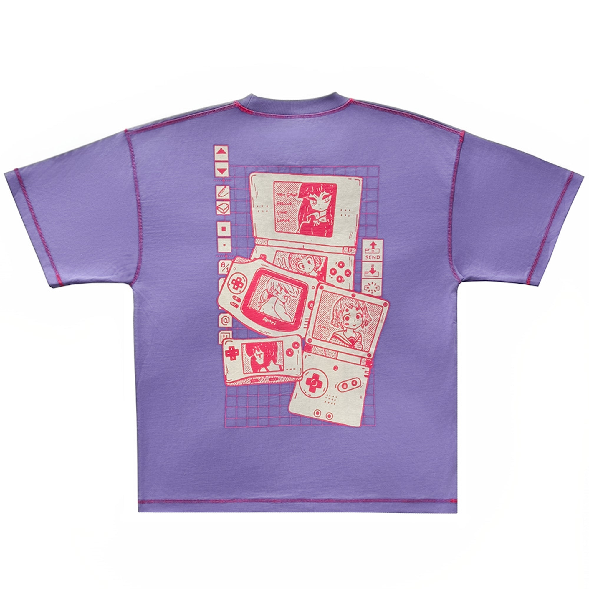 a purple oversized tshirt featuring a pink graphic print on the back. the print includes several animestyle handheld game consoles with manga characters displayed on their screens, accompanied by other graphic elements. the shirt has short sleeves and pink stitching.