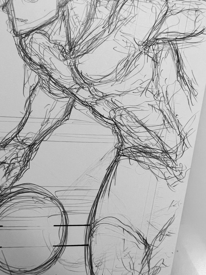 the image is a closeup view of a dynamic and expressive pencil or pen sketch of a human figure, possibly an athlete, in motion.  the style is loose and gestural, prioritizing capturing the movement and energy of the pose rather than precise anatomical accuracy.  the lines are numerous, overlapping, and energetic, suggesting a quick sketch rather than a meticulously rendered piece. the figure seems to be interacting with a round object, possibly a basketball, at the bottom left of the sketch. the background hints at underlying construction lines, suggesting a work in progress. the overall impression is one of immediacy and vitality.