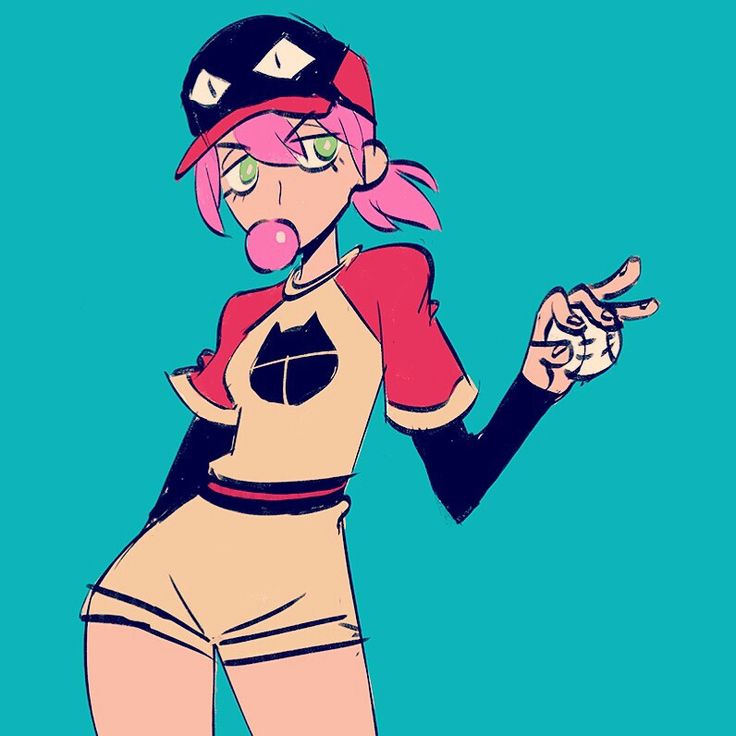 a cartoon drawing of a girl in a baseball uniform, with pink hair and green eyes, giving a peace sign and blowing a bubble. she has on a baseball cap and is holding a baseball.  she is wearing a white shirt with red sleeves, white shorts, and black fingerless gloves.