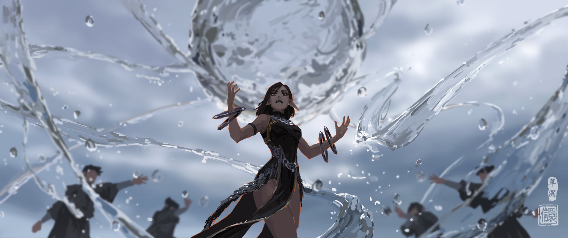 the image is a digital painting or illustration depicting a powerful female character wielding water magic. she's at the center, surrounded by swirling, splashing water that she appears to be controlling.  her expression is serious and determined. she's dressed in a dark, flowing gown, with details suggesting an asianinspired aesthetic.  in the background, blurred figures suggest a battle or struggle is taking place, with the focus primarily on the central female figure and her command over the water. the overall style is reminiscent of anime or manga, with soft yet detailed rendering. the color palette is muted, using mostly shades of grey, blue, and black, contributing to the mystical atmosphere.  the image has a high degree of artistic skill, demonstrating control over light and movement within the scene.