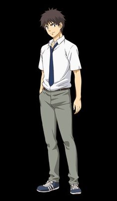this is a digital illustration of a young man with short brown hair, wearing a white shortsleeved buttonup shirt, grey pants, and blue and white sneakers. he is wearing a blue tie. he has his hands in his pockets and is looking slightly to the left of the viewer with a neutral expression. the background is black.