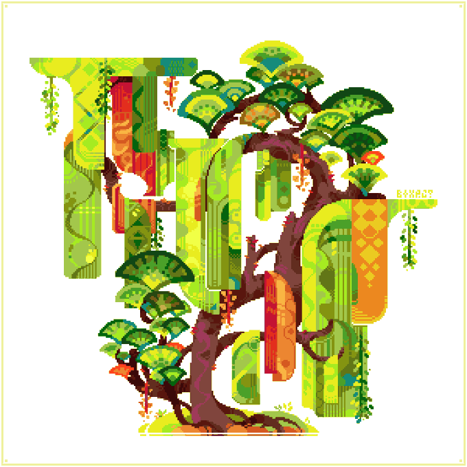 the image is a vibrant piece of pixel art depicting a stylized tree.  the tree's branches and foliage are rendered with a variety of geometric shapes and patterns, creating a rich tapestrylike effect. the colors are intensely saturated, featuring greens, yellows, oranges, reds, and browns.  the style is abstract and whimsical, combining elements of nature with geometric designs. the artwork appears to be integrated with textural elements that resemble hanging decorations or tapestries. the overall aesthetic is intricate and highly detailed, despite being composed of individual pixels.  a small signature is visible in the upper right corner. the style suggests potential application in game design, graphic design, or as a standalone piece of digital art.