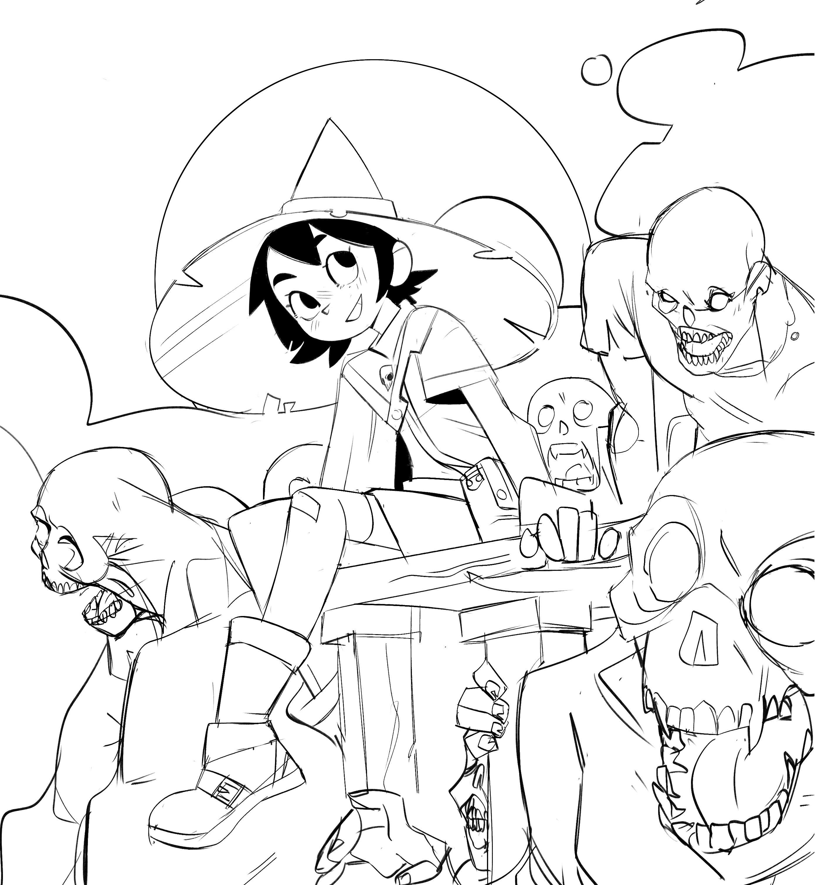 a sketch of a witch and two spooky characters. the witch is in the center and the spooky characters are on either side of her. the witch is wearing a hat with a witchy design. the spooky characters both have skulls for heads. the spooky character on the left side has a mouth with sharp teeth, and the spooky character on the right side has a gaping mouth with a long tongue. the background is made of a dark, cloudy sky.