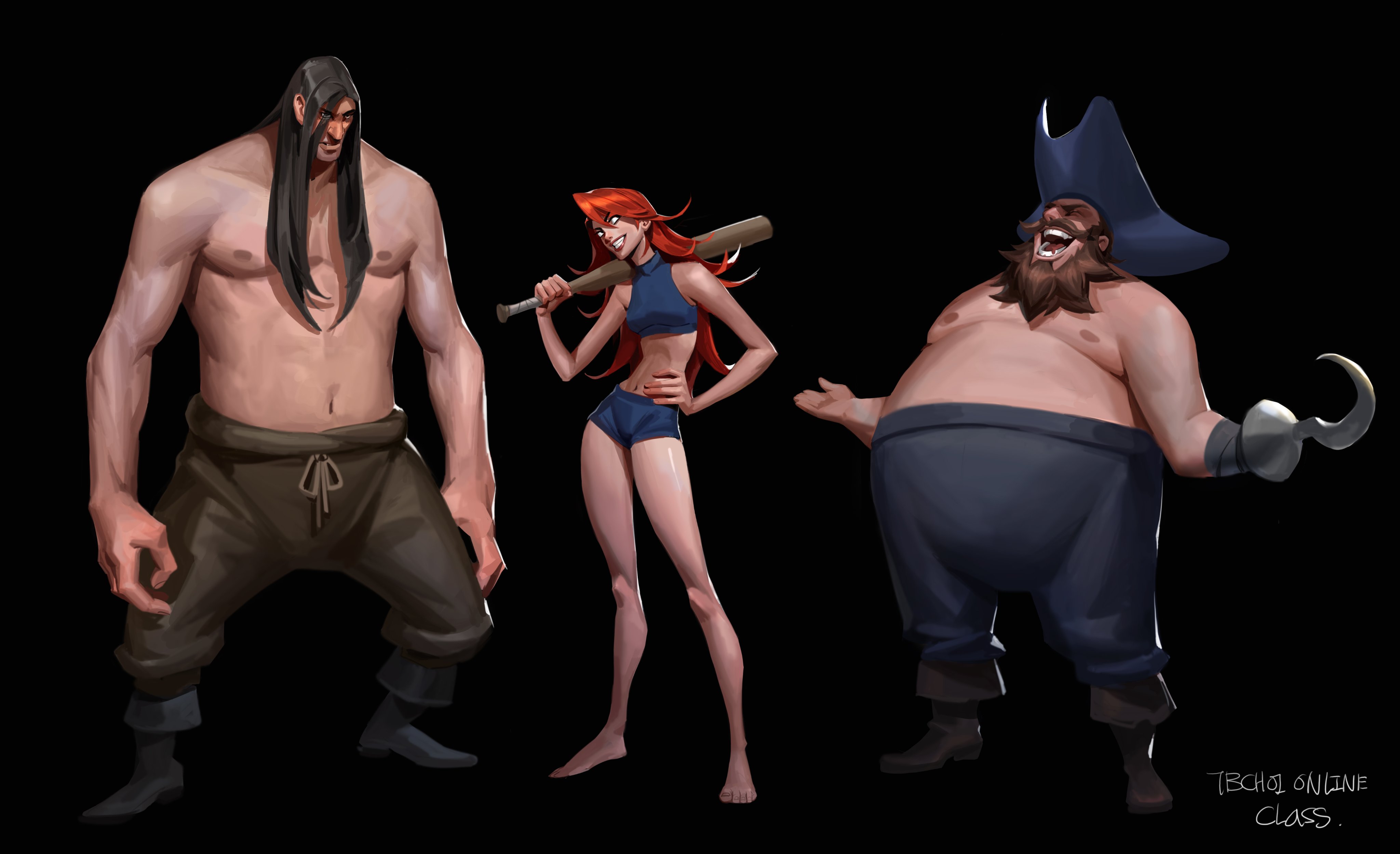 digital painting showcasing three distinct characters against a black backdrop.  on the left is a large, muscular, barechested man with long dark hair, wearing simple dark trousers. in the center stands a slender, athletic woman with fiery red hair, dressed in a sporty blue bikini top and bottoms, holding a baseball bat. to the right, a jovial, overweight, barechested pirate with a hook hand and a blue captain's hat grins broadly. the art style is stylized and painterly, emphasizing form and character.  a small text signature "tbchool online class." is visible in the bottom right corner.