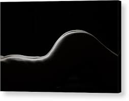 the image is a black and white, closeup, stylized photograph of a woman's back and buttocks.  the lighting is dramatic, creating a strong silhouette against a completely black background.  only the curves of the body are visible, highlighting the shape and form.  the overall mood is sensual and suggestive, but also artistic and abstract, emphasizing the elegance of the human form. the image is minimalist in its composition and devoid of any distracting details.