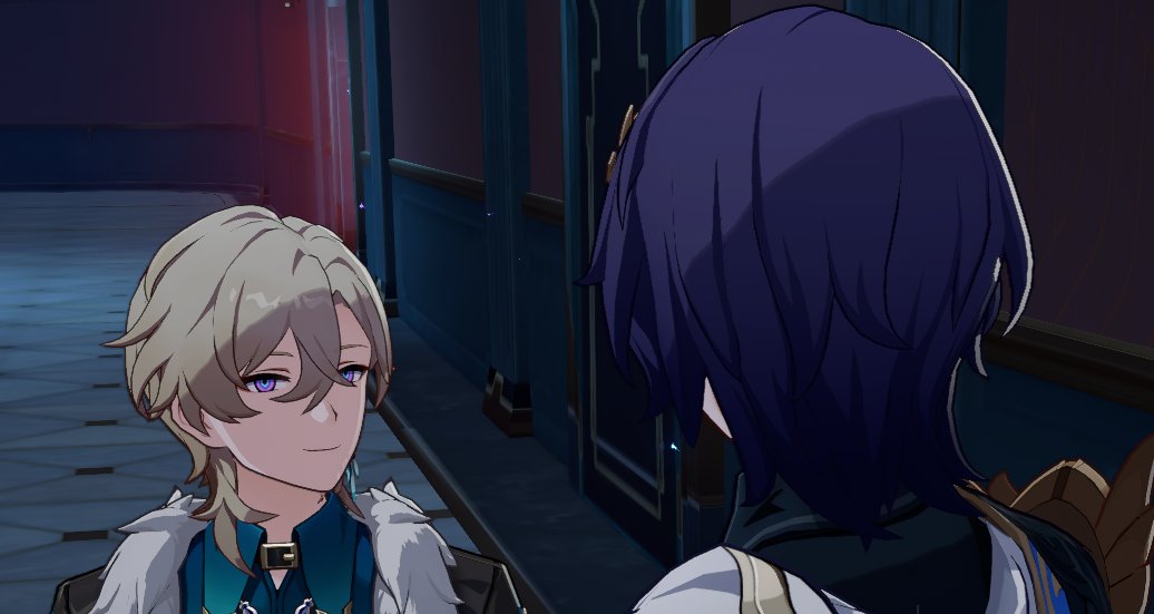 a closeup shot from the anime video game genshin impact features two characters, albedo and scaramouche, engaging in a conversation. albedo, with his characteristic blonde hair, stands to the left, his expression subtle and suggestive of a slight smirk. scaramouche, recognizable by his dark purple hair, is positioned on the right, his back mostly to the viewer. the setting appears to be a dimly lit hallway or corridor within a grand building, suggestive of a palace or similar structure. the art style is distinctive of genshin impact, with vibrant colors and a slightly stylized character design. the image suggests a moment of interaction between the characters, possibly a tense or significant exchange within the game's narrative.
