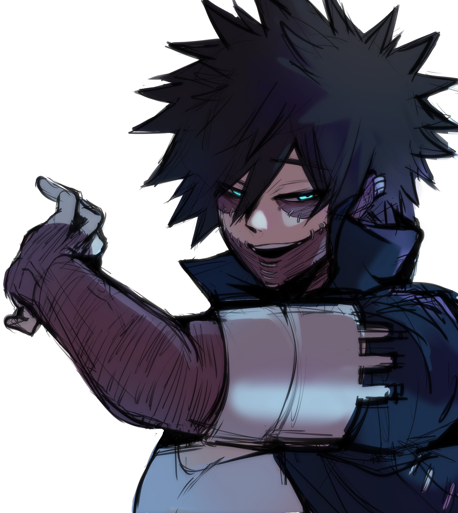 this is a digital illustration of an anime character with black hair, purple eyes, and a scar on his face. he is posing heroically with his arm extended. he is wearing a dark blue jacket and white pants.  the drawing is in an anime style and is very dynamic and expressive.