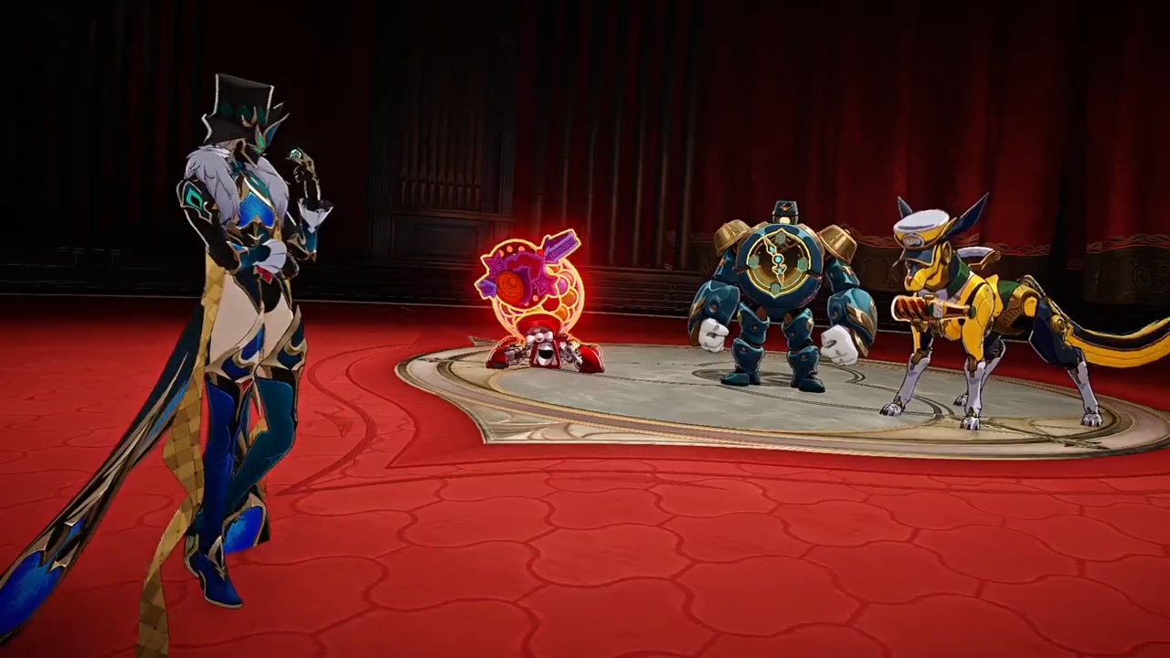 a video game scene where the characters are standing on a red floor stage ready for battle. the character on the left is a humanlooking character wearing a long blue and black coat with a white ruff, a tall black hat and tall blue boots. this character is holding a pose with their hands in front of them. the character on the right is a yellow and green dog with a blue hat and a cannon as a weapon. this character is standing with its right paw raised. behind the dog is a large blue and gold robot with a blue face and a clock on its chest. this robot has a clenched fist on each hand. in the middle of the stage is a smaller red monster with a large yellow and gold shell that is on its back. it has a blue mouth and is lying on its back.  the background of the scene is a red and black curtain with a dark brown wood structure in the background.  this image is from a fantasythemed fighting video game.
