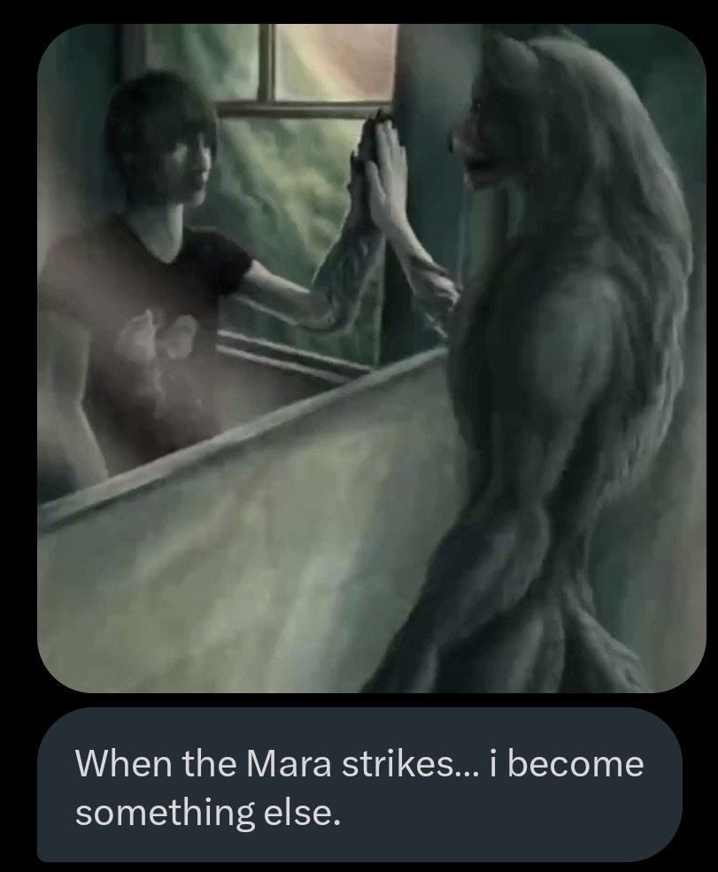 the image depicts a human transforming into a monstrous, werewolflike creature. the transformation is happening while the creature is in a room, presumably the person's bedroom, and the person's hand is reaching out towards the viewer. the caption "when the mara strikes... i become something else." suggests that the transformation is a result of something sinister or supernatural, possibly related to a mythical creature like the mara, which is associated with nightmares and evil. the dark and mystical atmosphere of the image suggests a theme of horror, fantasy, and the unknown.