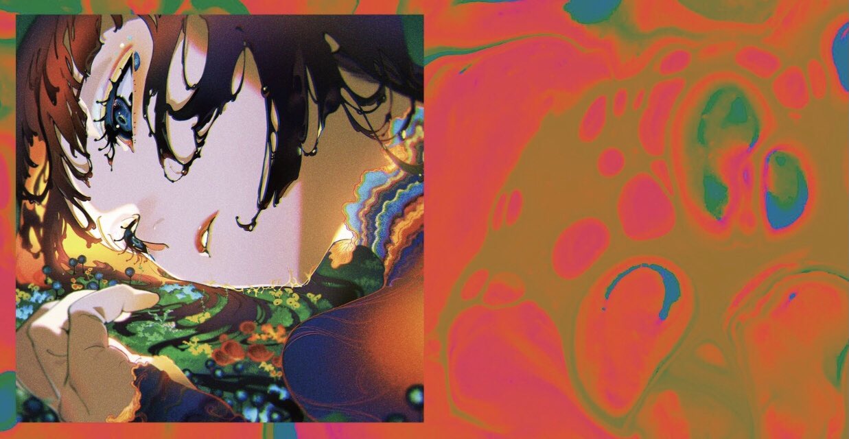 a split image with an animestyle portrait on the left and an abstract pattern on the right. the portrait is of a young woman with short brown hair and blue eyes. she is wearing a colorful kimono. the abstract pattern is a psychedelic swirl of orange, red, green, and blue.