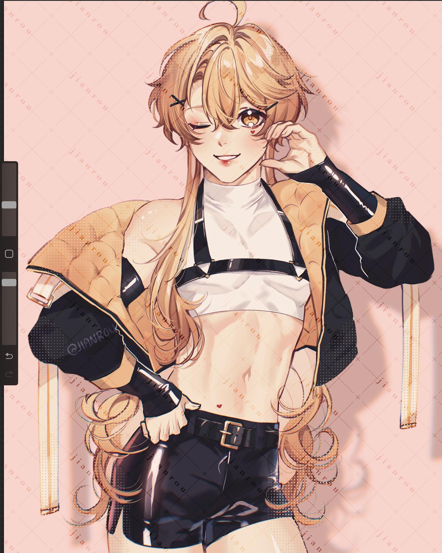 this is a digital illustration of a female anime character with blonde hair and pink eyes. she is wearing a black jacket over a white crop top, and black shorts. she is posing with her hand on her hip, and she has a smile on her face. her blonde hair is flowing in the wind and she has a background with pink grid lines on it.