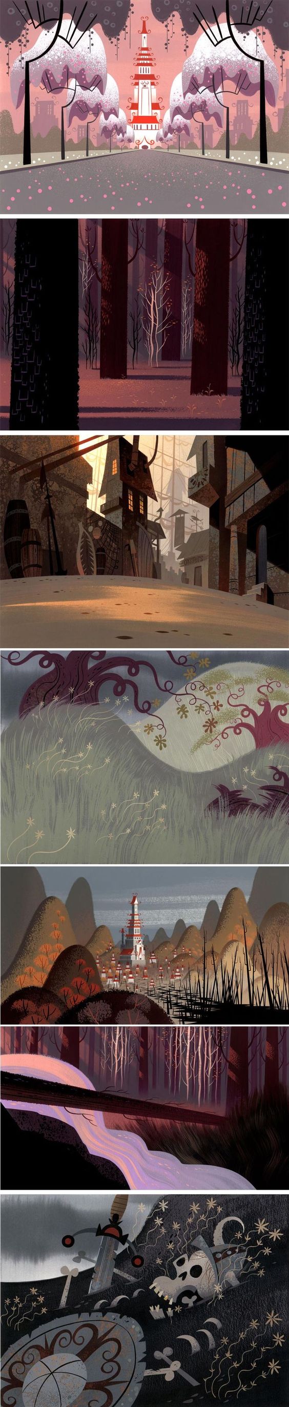 a series of concept art or visual development images, likely for the animated series samurai jack. the images depict various environments, including a forest path leading to a temple, a ruined village, a mountain landscape with a towering structure, a river flowing through a forest, and a closeup of a patterned cloth with a skull. the art style is highly stylized and graphic, with a limited color palette and strong use of shape and silhouette. the overall mood is atmospheric and evocative of ancient japan.