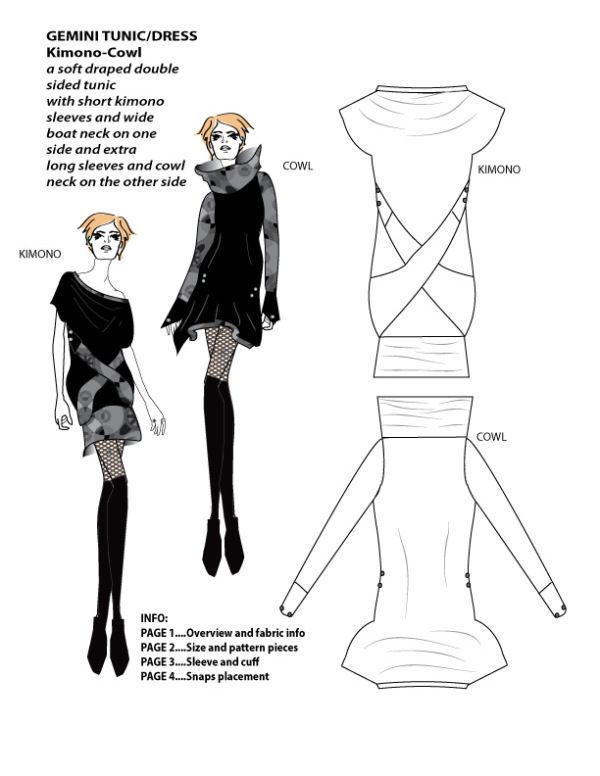 the image shows a fashion illustration of a garment described as a gemini tunic/dress, featuring a kimonocowl design with a soft, draped doublesided tunic, short kimono sleeves, a wide boat neck on one side, and extra long sleeves with a cowl neck on the other side. there are two figures wearing the dress, one with the kimono sleeve emphasized and the other with the cowl neck and long sleeve displayed. the image also includes a schematic drawing of the dress from the front and back, with labels indicating the "cowl" and "kimono" elements. information about the pattern instructions is listed at the bottom.
