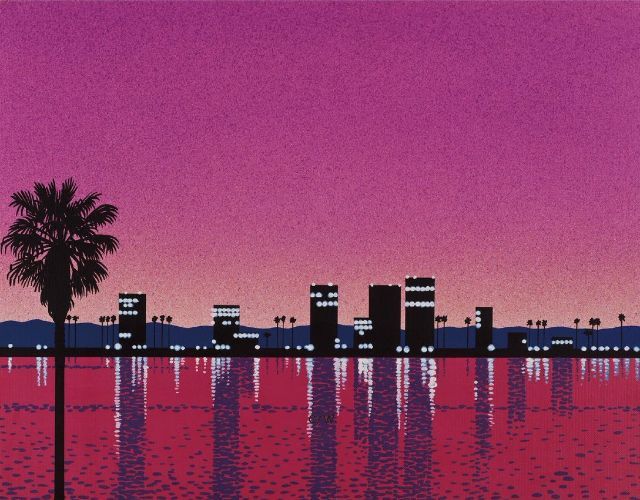 a digital illustration of a cityscape at sunset, silhouetted against a pink and purple sky. a palm tree is in the foreground, and the city's reflection is seen in the water.
