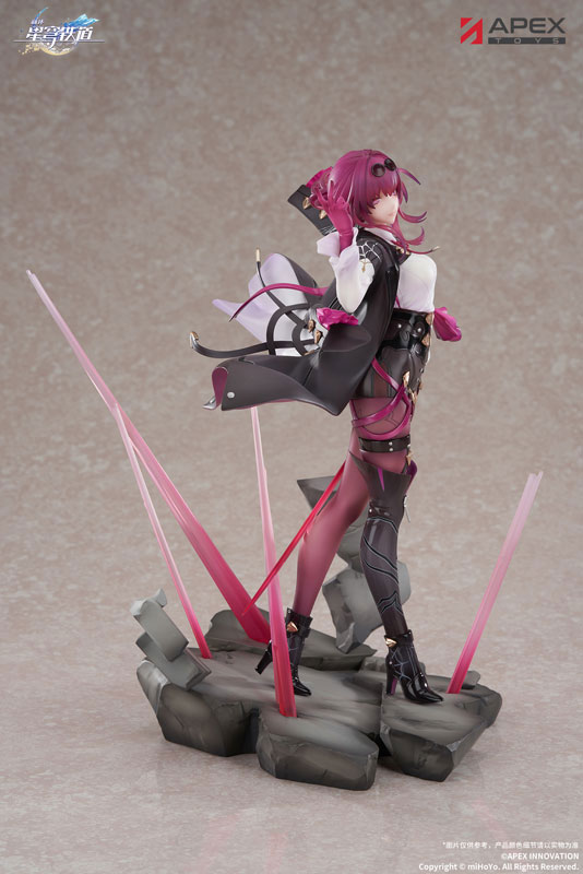 the image shows a statue of kafka, a character from the video game honkai star rail. she is produced by apex toys. kafka has red hair and is wearing high heels. she is standing on a platform base.