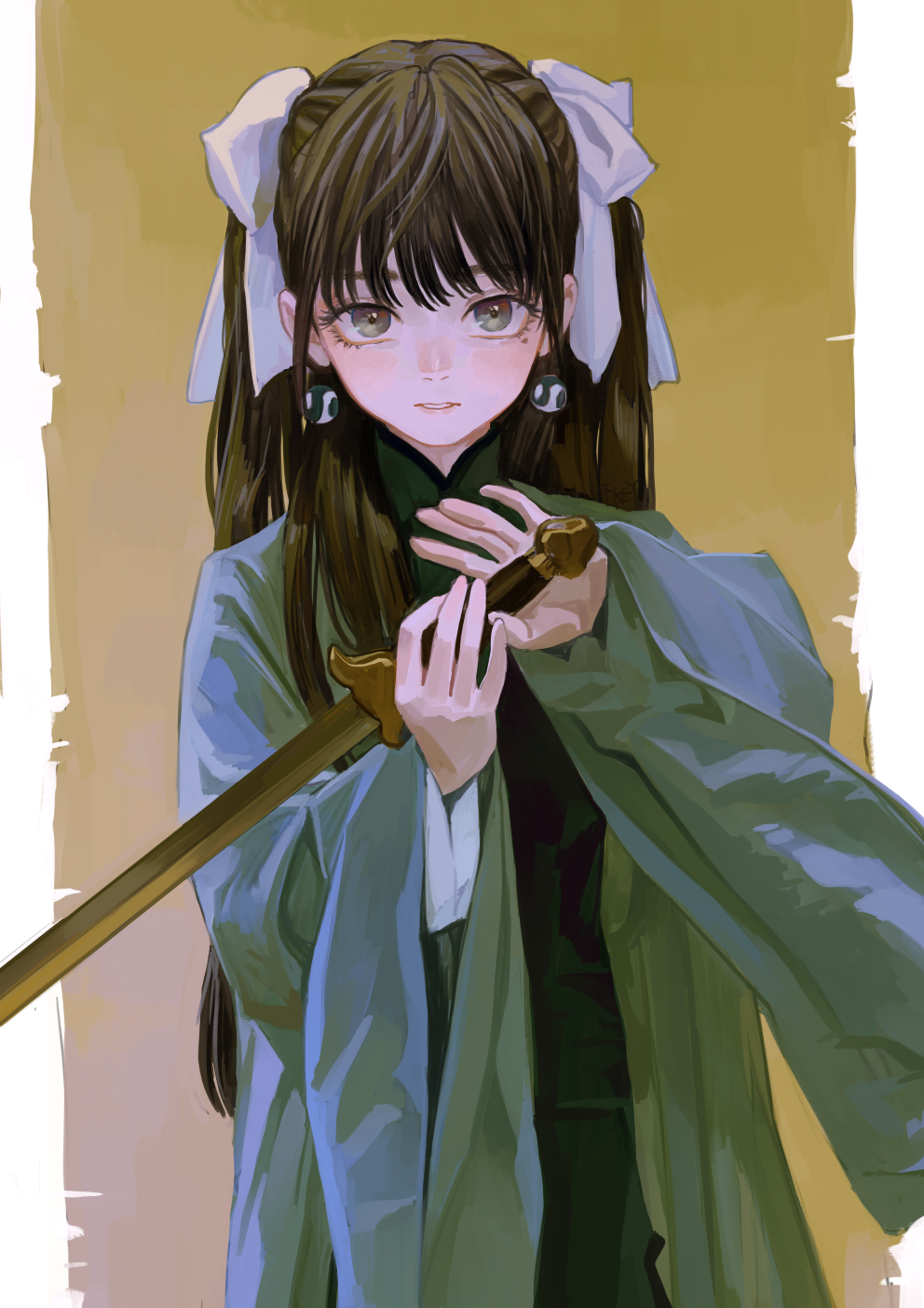 an animestyle illustration of a young woman with long, dark hair styled in pigtails with white ribbons. she has large, lightcolored eyes and is wearing traditional green clothing with a white undershirt. she is holding a gold sword in her hands, posing with it in front of her. she is also wearing circular earrings. the background is a muted yellow color.