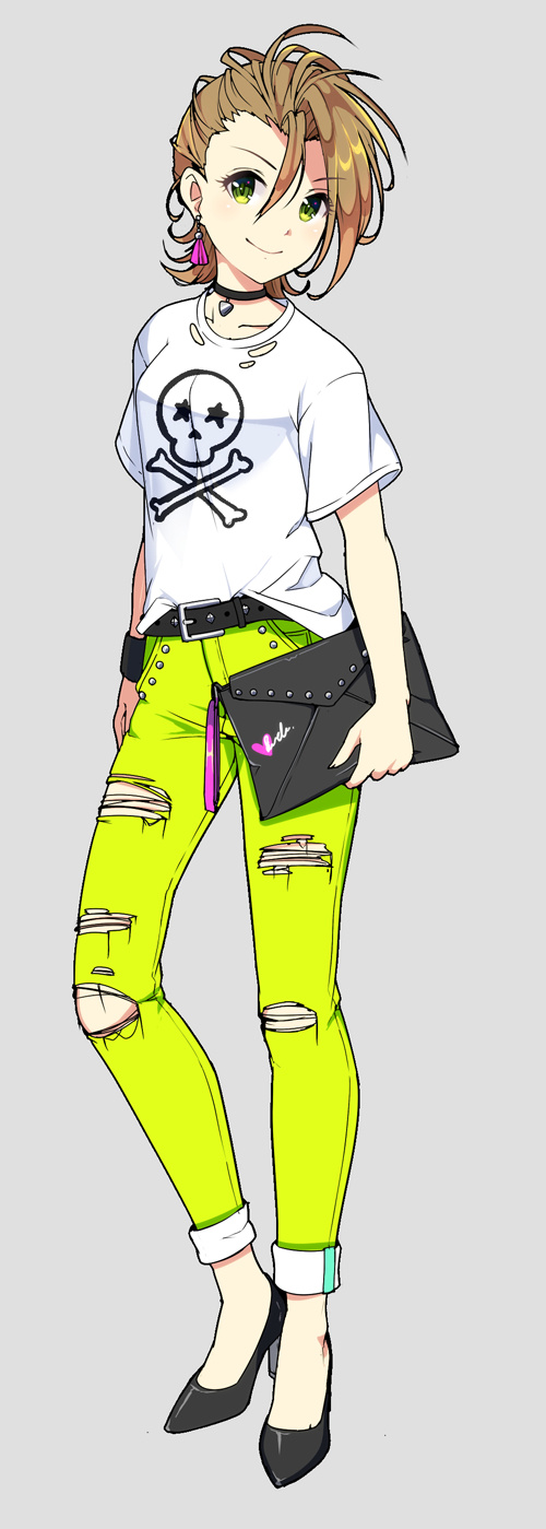 an anime style illustration of a girl with blonde hair wearing green ripped jeans, a white shirt with a skull and crossbones graphic, and boots. she is holding a black purse.