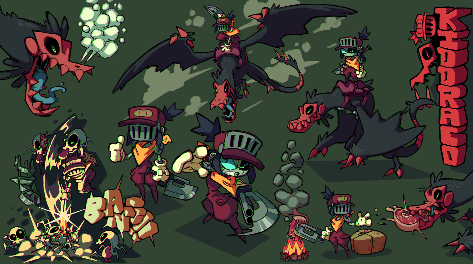this dynamic illustration showcases a fierce warrior clad in red and black armor, wielding both sword and axe against a backdrop of a verdant forest clearing. the warrior, accompanied by a formidable birdlike creature, faces off against skeletal foes amidst bursts of fire and scattered bones. the vibrant color palette and actionpacked poses exude a sense of thrilling adventure and high fantasy.