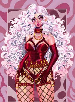 this is a digital illustration of a woman with long curly pink hair, she is wearing a  sexy red dress with gold accents, she is also wearing black gloves and fishnet stockings. the illustration is done in a comic book style with a fantasy feel.