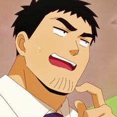 a closeup illustration of an adult male anime character. the character has short, dark hair, thick eyebrows, and a smug expression with a smirk and raised eyebrows. he is wearing a white collared shirt and a purple tie. the art style is typical of anime and manga, with exaggerated features and bright colors. the lighting is soft, giving the image a warm tone.  the perspective is a closeup, focusing on the character's face and upper body.