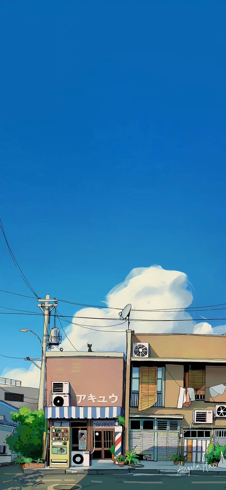 the image is of a street scene in japan. the buildings are two stories tall and made of concrete. there is a small shop on the left side of the image with a sign that says "cafe" in japanese. there are power lines running above the street and a blue sky with some clouds in the background. the image is drawn in an anime style and has a summery feel.