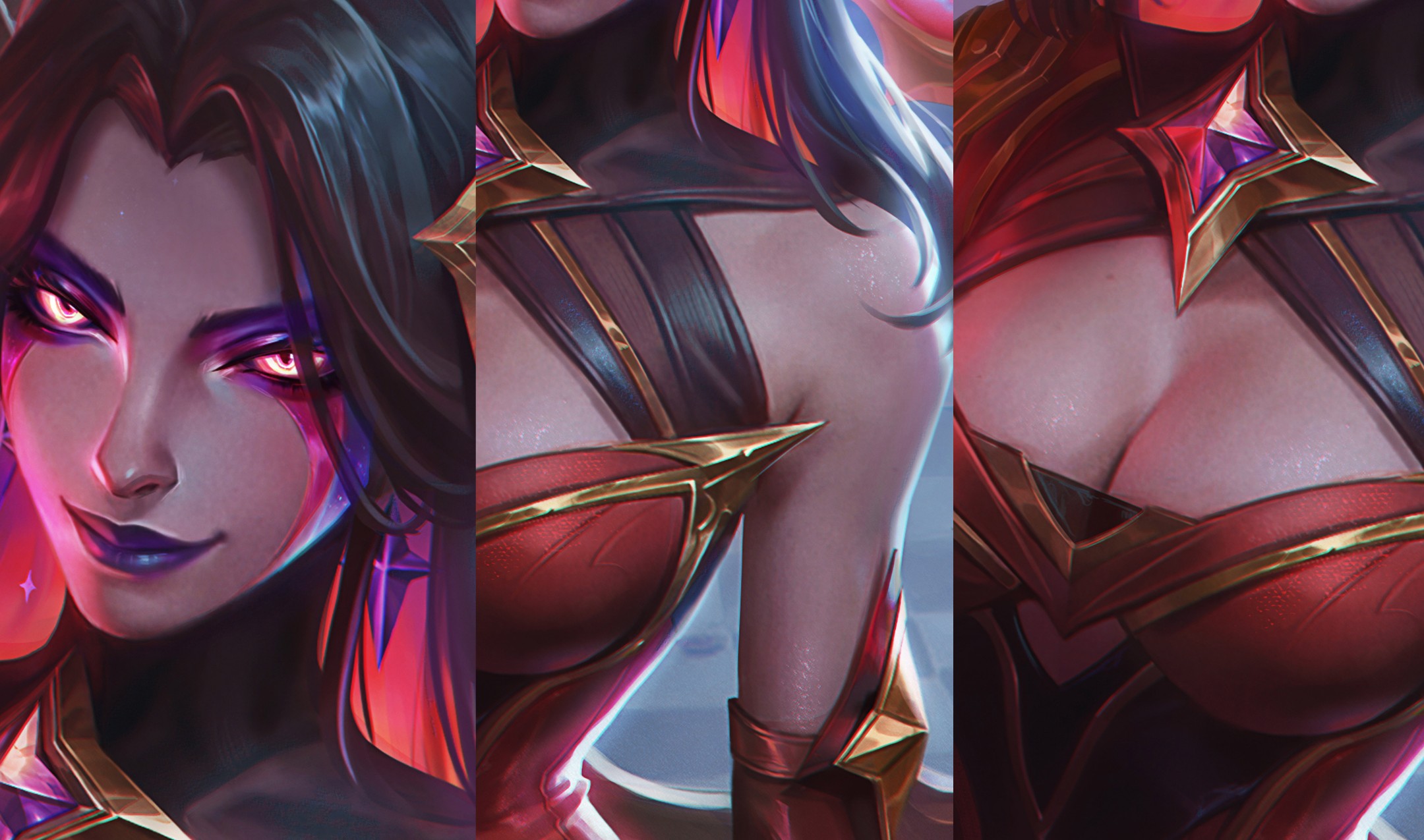 this is a digital illustration of a fantasy female character. she has long black hair, red eyes, and is wearing a red, black, and gold outfit with a star shaped piece of jewelry on her chest. she appears to be a strong, powerful character.