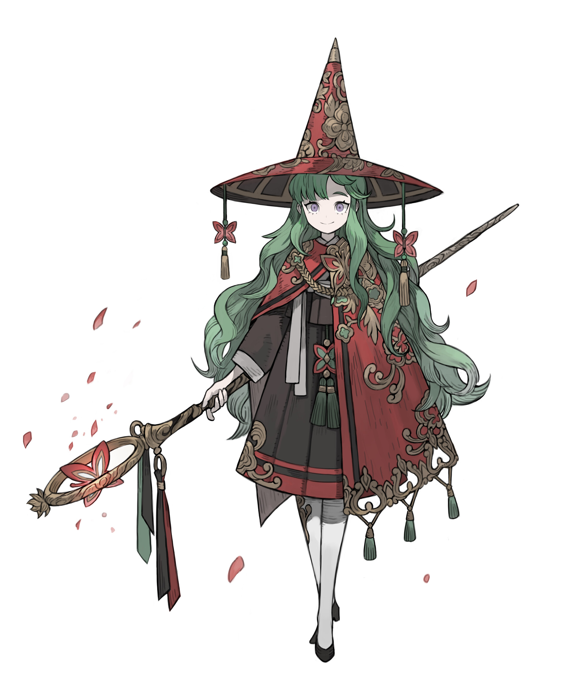 the illustration showcases a young woman, likely a witch or sorceress, against a pure white background. she's dressed in a striking red and black ensemble that draws inspiration from traditional korean clothing (hanbok), notably with the structural elements of the dress and the flowing robe. intricate floral patterns embellish the robe and hat, adding a touch of elegance and whimsy. her long, flowing green hair further enhances her mystical aura. she holds a staff adorned with a flowerlike ornament, hinting at her magical abilities.  pink petals gracefully float around her, contributing to the overall enchanting and delicate atmosphere.