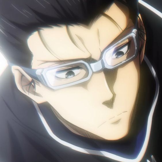 a closeup illustration of a young man with short black hair and glasses. he is wearing a black collared shirt or jacket with a silver trim. his expression is serious and determined, with his brow slightly furrowed. the background is a soft white with a hint of blue, suggesting he is either indoors near a window or outdoors on a cloudy day. the lighting is soft and highlights the contours of his face.
