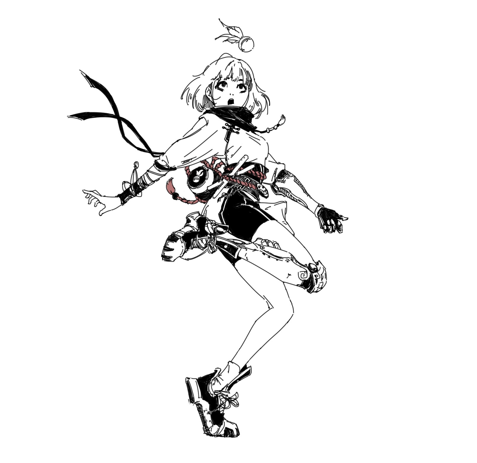 the image is a dynamic black and white line drawing of a stylized anime girl in a midair jump. she is dressed in a futuristic ninjainspired outfit with knee pads and boots. her expression is one of surprise or alertness.  a small, floating peachlike object is above her. the overall style is reminiscent of manga or anime artwork, showcasing a strong focus on linework and movement. the background is plain white, allowing the character to be the clear focal point. the drawing exhibits a loose but skillful style that captures energy and character.