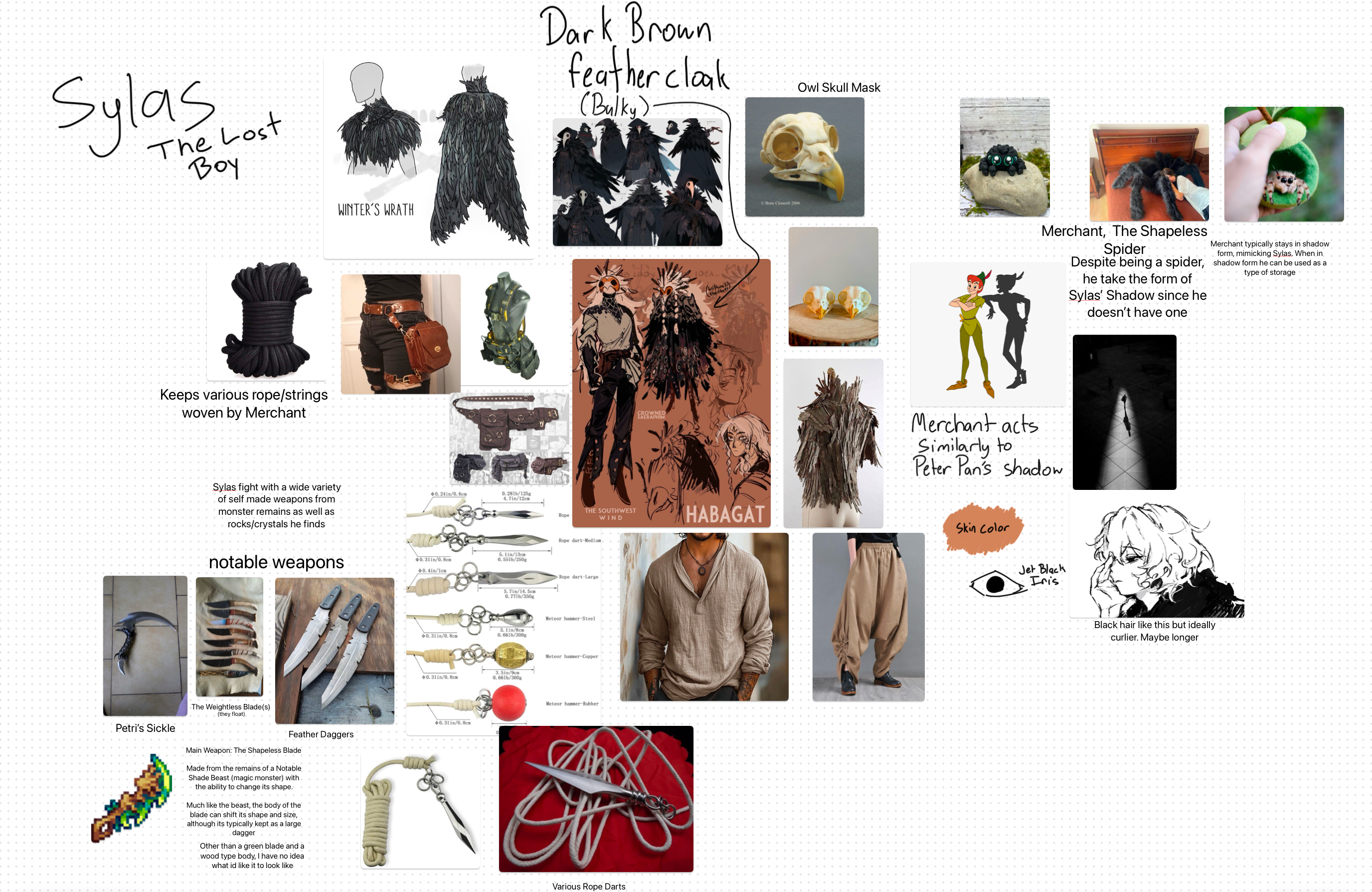 the image is a mood board or concept art piece for a character named sylas, described as "the lost boy."  it features a collection of images and text, meticulously arranged to define his visual design and backstory.  the core elements include: sylas' appearance: visual references for his dark brown, bulky feather cloak,  an owl skull mask, and jetblack, curly hair. skin tone is described as brown. sylas' weapons: several images detail his arsenal – a sickle, feather daggers, and various rope darts.  the text notes he utilizes selfmade weapons from monster remains and found objects. the merchant:  illustrations and descriptions portray a shapeshifting merchant character who acts similarly to peter pan's shadow and can take the form of a shapeless spider, using the form for storage as well as mimicking sylas. clothing and accessories:  images display potential clothing options such as a longsleeved tunic and loose pants.  reference images depict belts, bags, and other accessories. overall style: the overall aesthetic suggests a dark fantasy or gothic style, leaning heavily on visual texture and a mysterious atmosphere.  the mood board effectively blends various reference images to cohesively define the character’s appearance, abilities, and backstory.