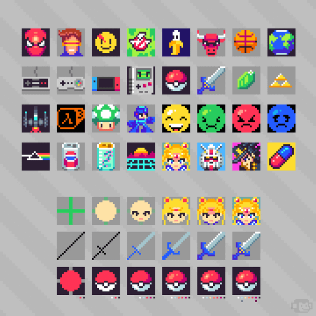 a pixel art game asset sprite sheet containing various character heads & faces, items, and game icons.