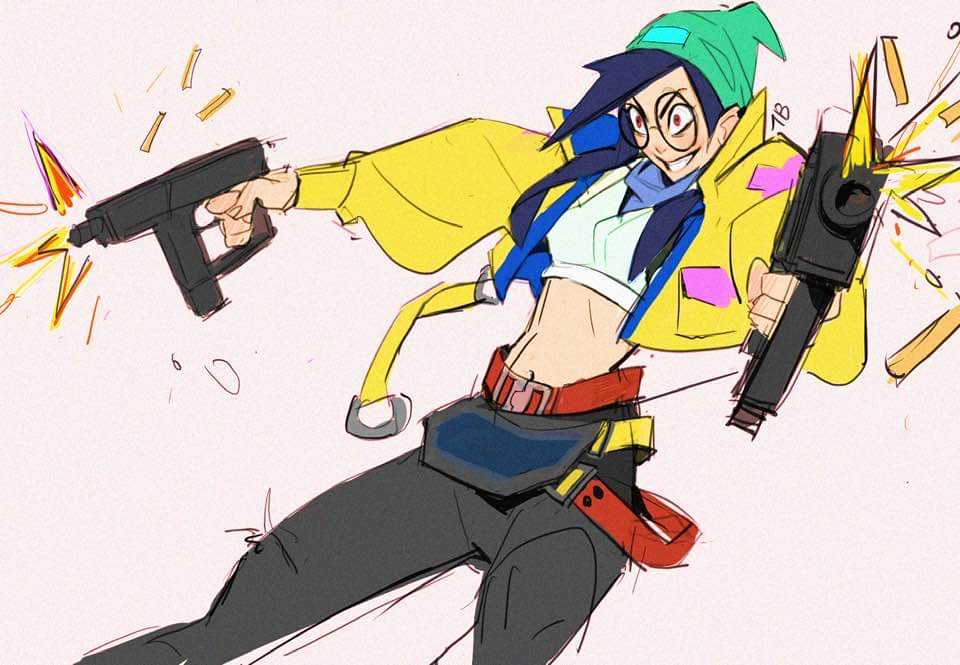 the image is a dynamic sketch or digital painting of an animestyle girl in a futuristic setting. she's depicted in midaction, dualwielding two guns that appear to be firing.  her attire is a mix of cyberpunk and casual elements: a bright yellow jacket, black pants, a bellyrevealing top, and a beanie.  she wears glasses and has dark, long hair. the style is loose and expressive, typical of a quick sketch, with visible brush strokes and less emphasis on fine detail. the overall mood is energetic and actionpacked, suggesting a scene from a video game or anime.