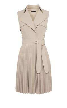 this is a light beige dress with a collared, sleeveless bodice, a pleated skirt and a matching belt. it looks like a lightweight material and would be perfect for spring or summer.