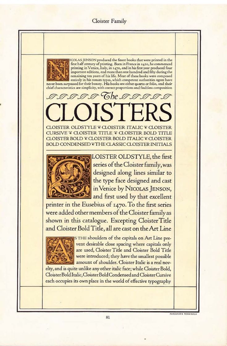 this is a page from a typography book showcasing the cloister typeface family. the page features a paragraph detailing the typeface's history and characteristics, as well as examples of the different styles, including oldstyle, italic, bold, condensed, and title. the page also mentions the art line, which refers to the typeface's use in specific printing applications. the image is focused on the cloister typeface's design and the use of its various styles within the typography world.