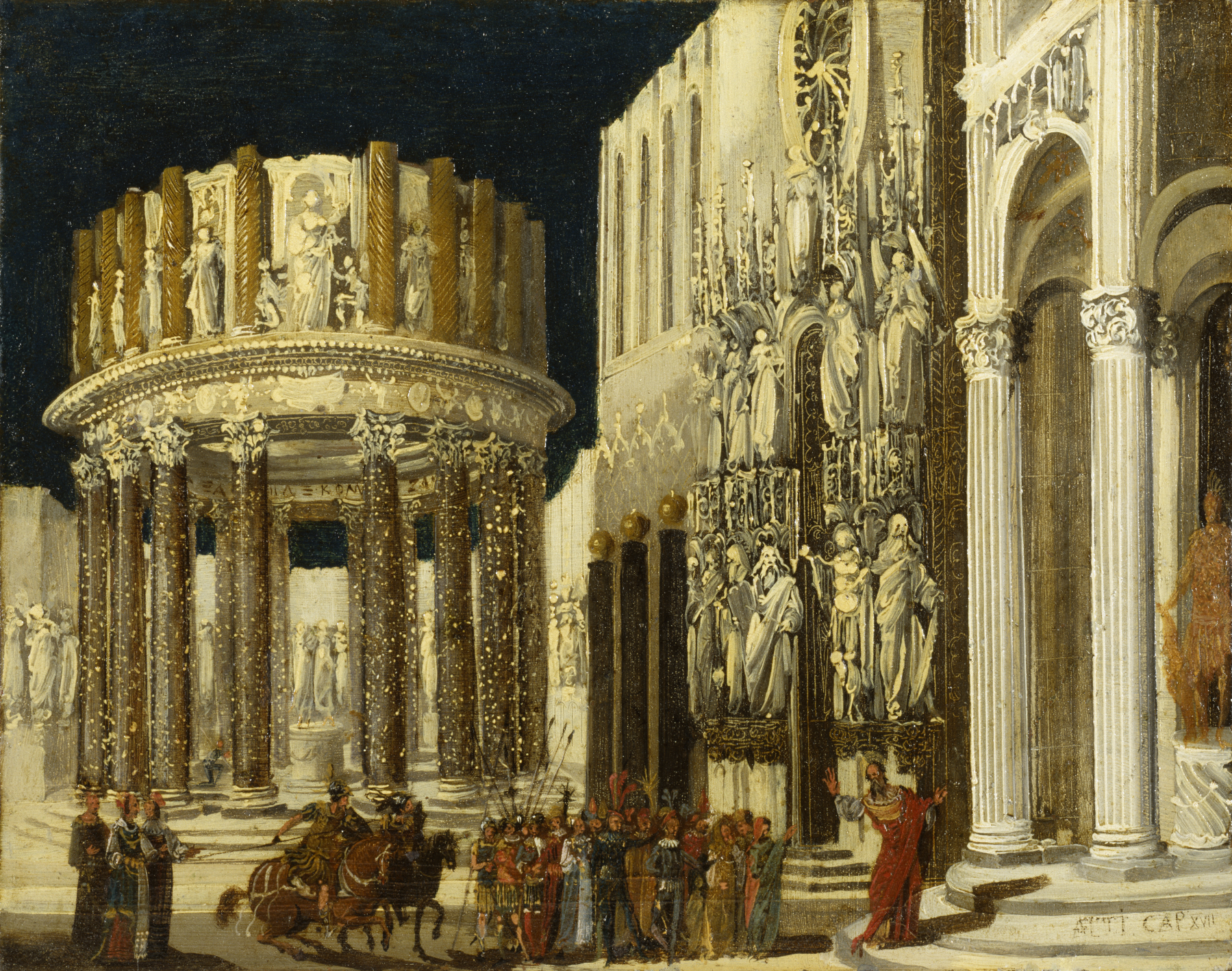 a painting depicts a stage set with monumental architecture in a classical or ancient roman style, featuring a circular templelike structure with columns and statues, and a gothic or romanesquestyle building with more statues and intricate details. a crowd of figures and a chariot drawn by horses are present, suggesting a procession or dramatic scene. the overall impression is that of an imperial or grand historical event, possibly a scene from a play or opera.