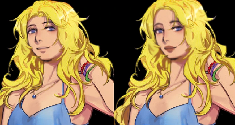 the image shows a sidebyside comparison of two slightly different versions of a digital painting or illustration. both versions depict a young blonde woman with long, wavy hair, wearing a light blue sundress and several bracelets.  the differences between the two versions are subtle, primarily in the shading and perhaps a slight alteration to her expression and makeup. the art style is reminiscent of anime or cartoon styles, with vibrant colors and a stylized rendering of the woman's features and hair. the background is transparent black.